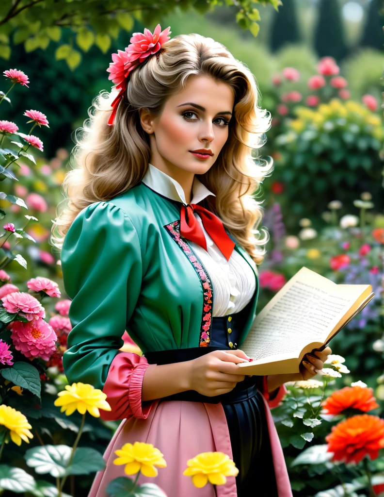 a portrait of a beautiful woman [Elisabeth Sladen:Maude Adams:0.1] donning 80s Outfit, she reads a manuscript roll in a flower garden, shallow depth of field, in the style of Don Lawrence