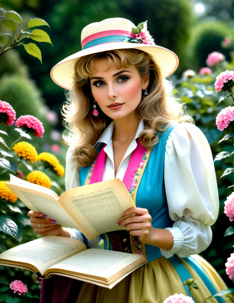 a portrait of a beautiful woman [Elisabeth Sladen:Maude Adams:0.1] donning 80s Outfit, she reads a manuscript roll in a flower garden, shallow depth of field, in the style of Don Lawrence