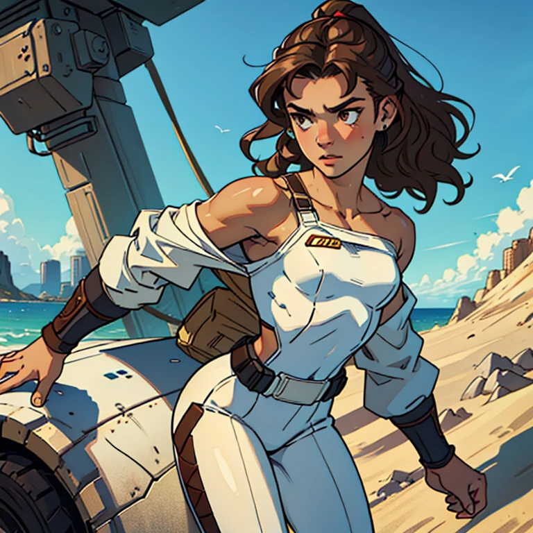 (Caucasian teenager), 18 years old, hazel eyes, (wavy brown hair), (hair tied back), medium hair, small breasts. She wears a white, off-the-shoulder sci-fi suit, bare shoulders, solo, fight