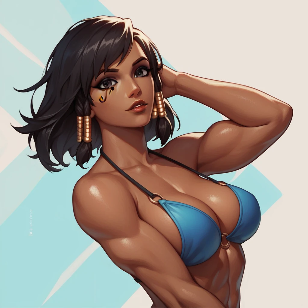 1 girl, pharah from overwatch, masterpiece, best quality, very aesthetic, source_anime, (dark skinned:1.5), bare body, black eyes, big breasts, bikini, portrait
