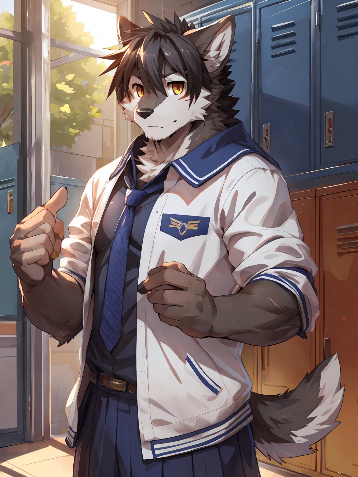 embedding:Gray wolf,Golden Eyes,Single Person,a scar on the face.Gray fur,High school students,school uniform,Scratch head,Standing by the school locker,Soft sunlight,The setting sun shines in.Nervous,With his school uniform jacket in his hand,Male.Handsome,Smart,Best quality hands, best quality eye,detailed fur,Delicate eyes.Extreme picture quality,by sollyz,by zixiong,by null_ghost