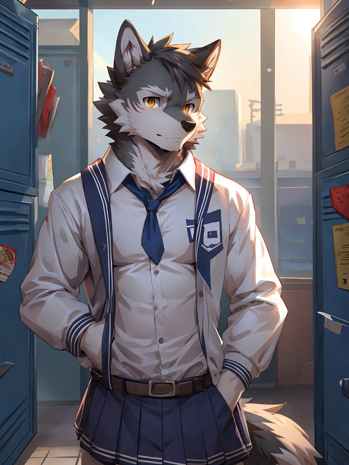 embedding:Gray wolf,Golden Eyes,Single Person,a scar on the face.Gray fur,High school students,school uniform,Scratch head,Standing by the school locker,Soft sunlight,The setting sun shines in.Nervous,With his school uniform jacket in his hand,Male.Handsome,Smart,Best quality hands, best quality eye,detailed fur,Delicate eyes.Extreme picture quality,by sollyz,by zixiong,by null_ghost