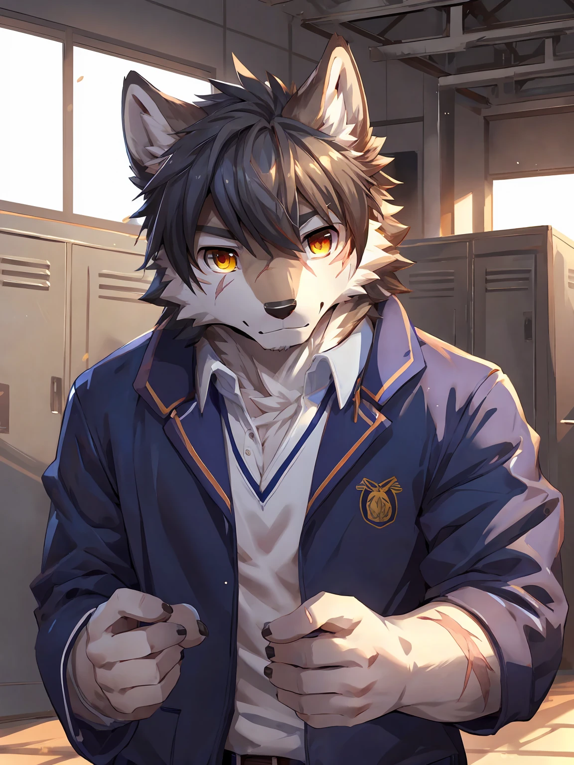 embedding:Gray wolf,Golden Eyes,Single Person,a scar on the face.Gray fur,High school students,school uniform,Scratch head,Standing by the school locker,Soft sunlight,The setting sun shines in.Nervous,With his school uniform jacket in his hand,Male.Handsome,Smart,Best quality hands, best quality eye,detailed fur,Delicate eyes.Extreme picture quality,by sollyz,by zixiong,by null_ghost