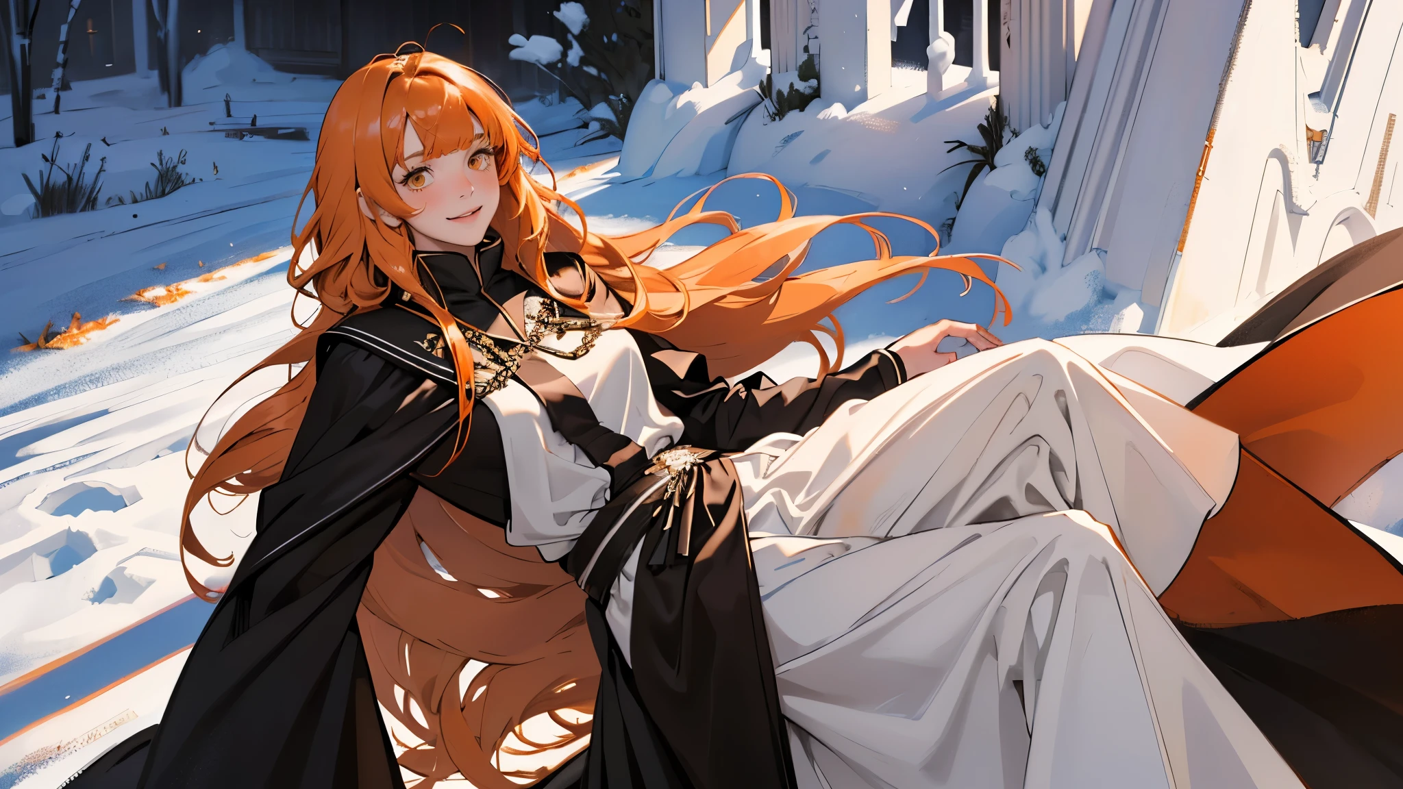 (girl), masterpiece, ultra detailed, 8K Portrait, Raw photo, woman's portrait photography, full body, Highly detailed face, mischievous childish smile, blush, ((Fantasy)), ((young)), 17 years old, 160cm, (((student))), ((tanned skin)), (((dark orange colored long straight hair))), (((blunt bangs))), hair ornament, (((black silk long cloak))) Fluttering in the wind, (high school dark white uniform:1.5), Plaid short skirt, Midday sun, Hyper realistic, Slender body, by the snowy castle, Ambient lighting, Shadow details, Camera focus on face, strong breeze, Light fog, from side,
