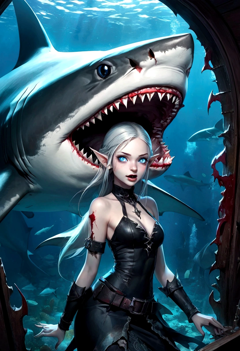 Fantasy Undersea，Shark Elf Girl，blue eyes，Sharp Fangs，Shark fin feature on back，look back,Blood stains at the corners of mouth，fierce，Gothic Art，Dark Wind，Dilapidated cabin of a sunken ship