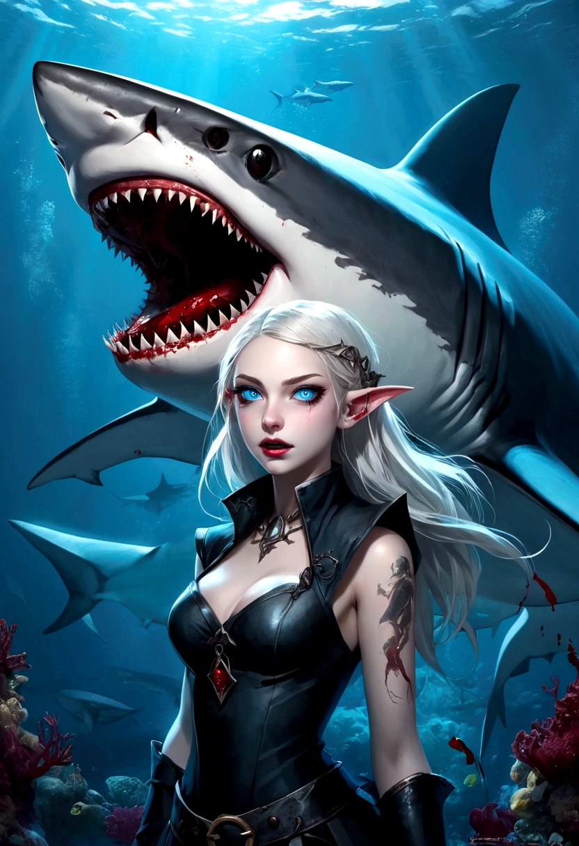 Fantasy Undersea，Shark Elf Girl，blue eyes，Sharp Fangs，Shark fin feature on back，look back,Blood stains at the corners of mouth，fierce，Gothic Art，Dark Wind，Dilapidated cabin of a sunken ship