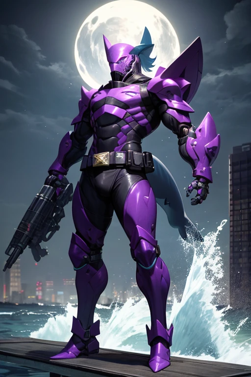 ((best quality)), ((masterpiece)), (detailed), 1 male, full body, 25 years old, masked, purple mask, smooth head, mask covering his mouth, 1 shark crest on his head, diving mask, angry expression, black collar, tall and strong, very athletic, shark fins, grey details, mechanical shark head, shark suit, purple fingerless gloves, purple wristbands, water cannons, shooting water from the wrists, purple suit resembling light armor, purple armor with an emblem, green emblem on his chest, green emblem, purple pants, shark tail, blue knee pads, metallic purple boots, black superhero belt, standing on a pier by the sea, night city background, anime, shark armor