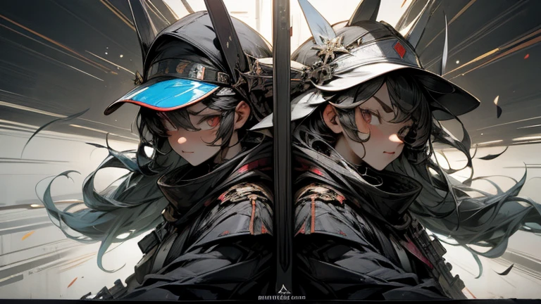 masterpiece,best quality,super detailed,The Killer Twins,same face,perfect face,holding_weapon,Contrasting,dynamic scene,Sun visor