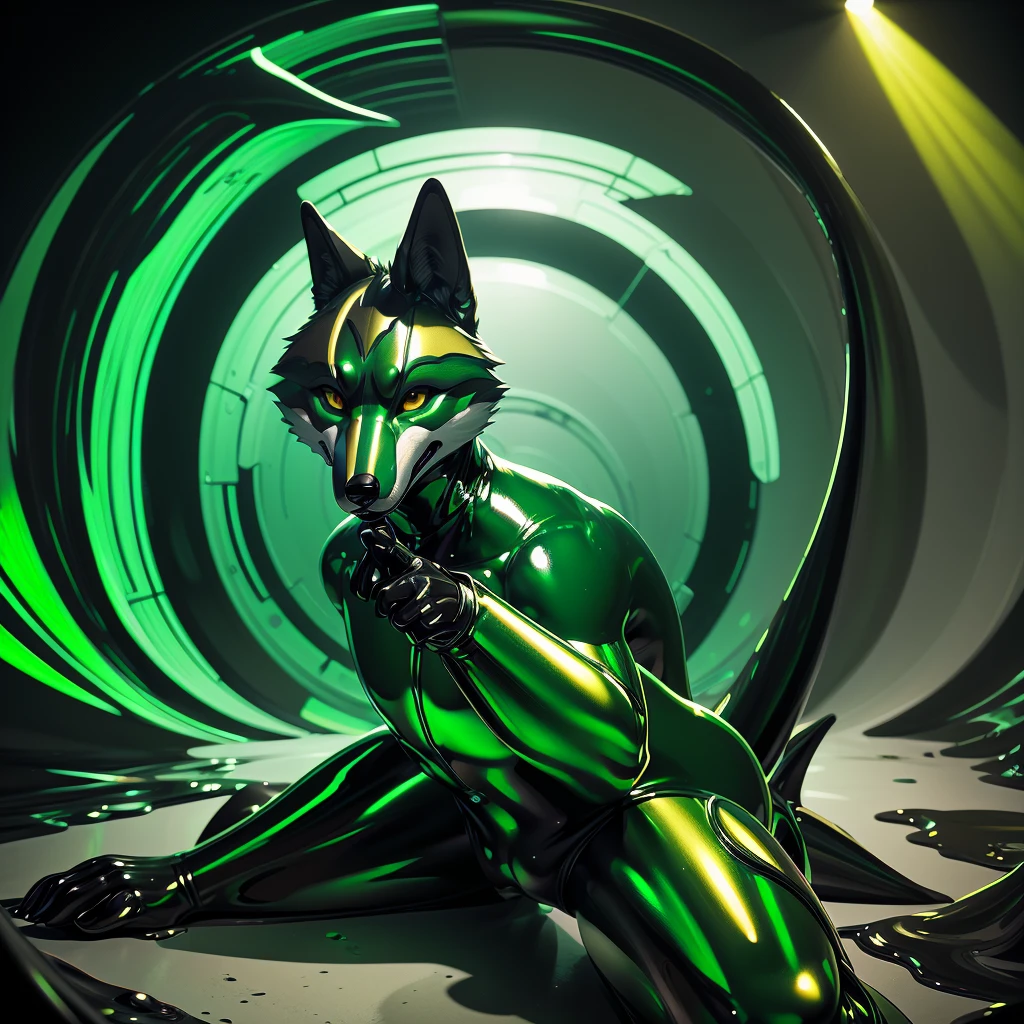 this illustration of male person, anthro junior fox is wearing green shiny rubber bodysuit, and green shiny rubber full-face head, shiny, white background, in furry art style, sleek, yellow eyes