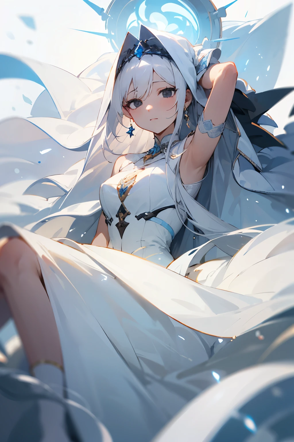 Female, dark eyes, Black eyes, white hair, long hair, Fair skin, white Veil over head, wearing white gloves, white dress, white mist, white bracelets, white jewels, apathetic, unbothered Expression