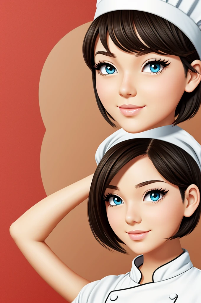Create a cartoon of a girl with chef hat short hair with slanted eye waves