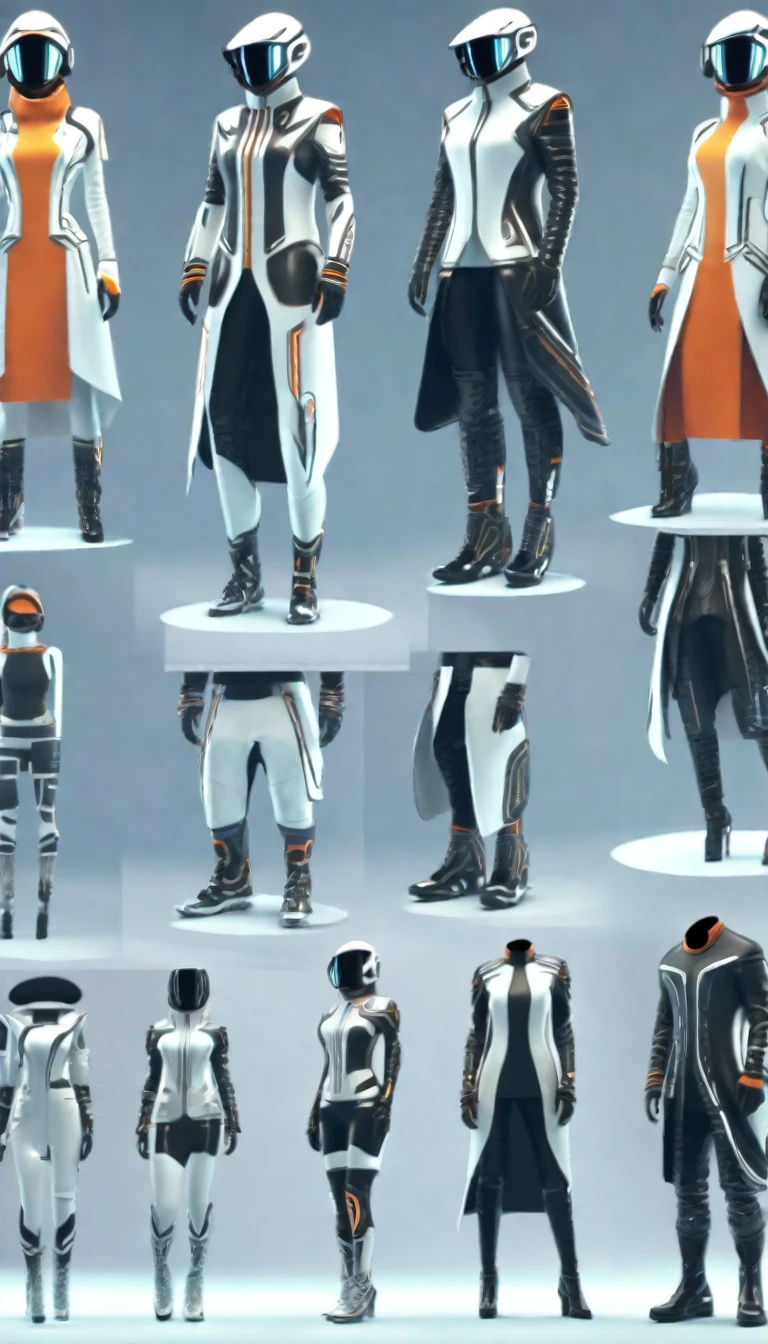 Futuristic clothing design sheet, Different designs. 4k
