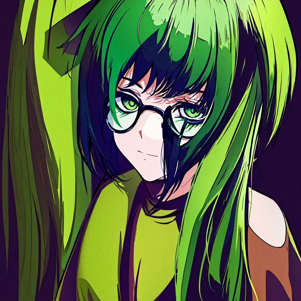 Create a photo of singer Billie Eilish in a loose black shirt, black and green hair, and green cyberpunk style glasses. She is also striking a striking pose