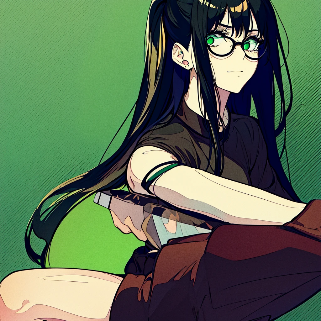 Create a photo of singer Billie Eilish in a loose black shirt, black and green hair, and green cyberpunk style glasses. She is also striking a striking pose