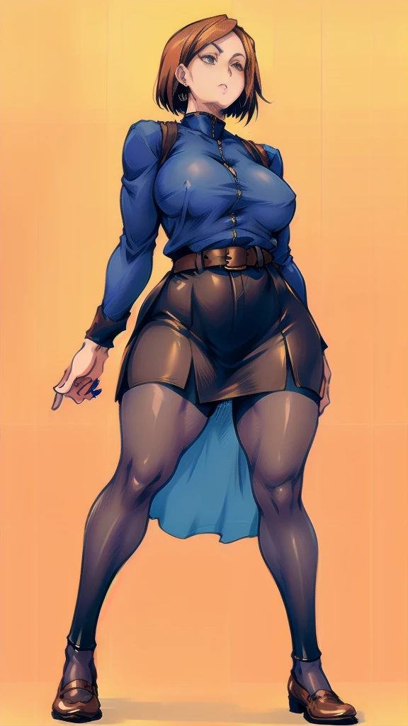 Full body image of Nobara Kugisaki, full body in image, wearing her original  (dark blue jacket and skirt, brown belt, black stockings, and brown shoes), short hair, female body, curvy body, dynamic pose, detailed pose, simple background, expressive face, focus on face, line art, sketch