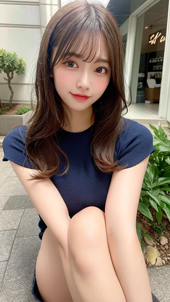 highest quality, shape, Very detailed, finely, High resolution, 8k wallpaper, Perfect dynamic shape, Beautiful and detailed, Summer clothes,Medium Hair,Natural color lip,smile,20-year-old girl、long hair、Midnight、Beautiful and elaborate face、Perfect and beautiful face、Slim face and figure,spread your arms wide,Big eyes,Take a photo with your face raised from below your knees、Small face、Beautifully detailed face、Perfect and beautiful double eyelids、Big cleavage、Long, Slender legs、One Woman、gravure、Skinny jeans、Watching the audience、run