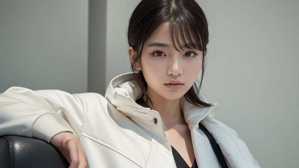 Hyperrealistic portrait of a young Japanese woman in her early 20s, (8k resolution:1.2), (photorealistic:1.3), (ultra-detailed:1.2), perfect facial features, flawless skin, natural makeup, short straight hair, wearing a white jacket, standing indoors against a simple background, soft natural lighting, shallow depth of field, shot on Canon EOS R5, 85mm f/1.4 lens, magazine cover quality, minimalist fashion editorial style, neutral colors, high contrast, sharp focus on eyes, elegant and relaxed expression, high-end production value, retouched by industry professionals, lifelike textures, natural skin tones, perfect composition, model-like proportions, commercial appeal.wide image. full body. No Text.