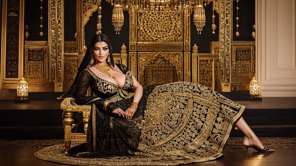 araffe woman in a black and gold dress sitting on a chair, indian empress, indian goddess, 4 k glamour photography, intricate outfit, cinematic goddess shot, regal pose, portrait shot, royal elegant pose, full body photoshoot, wearing an ornate outfit, traditional beauty, full body shoot, full pose, 7 0 mm. dramatic lighting, alluring plus sized model. big , sexy bridal look and cleavage show