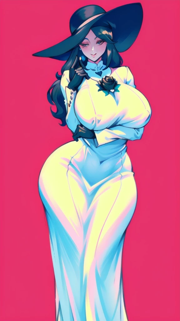 Full body image of Lady Dimitrescu, full body in image, wearing her original elegant outfit (long, off-white, vintage dress with a wide-brimmed hat, black gloves, and a black rose brooch), long hair, female body, curvy body, thick body, big thighs, voluptuous body, dynamic pose, detailed pose, simple background, expressive face, focus on face, line art, sketch