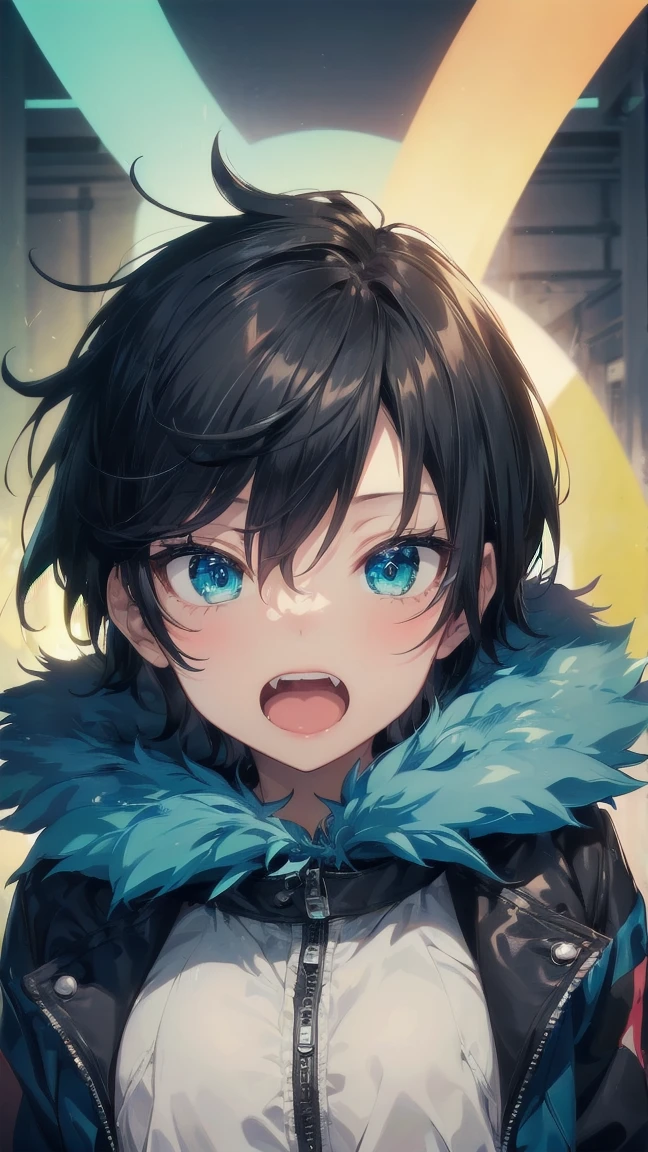 Close-up of a cartoon girl with blue hair and a yellow shirt, 2D Animation, 2D Animation style, 2D Art, 2D Art, 2D from Gorillaz, 2D from Gorillaz, 2D Gorillaz, Screaming Cerket, 2D Sprites, Jinx Face, short hair, Small breasts, hot pants, ((Black Hair, Bright blue fur inside:1.4))