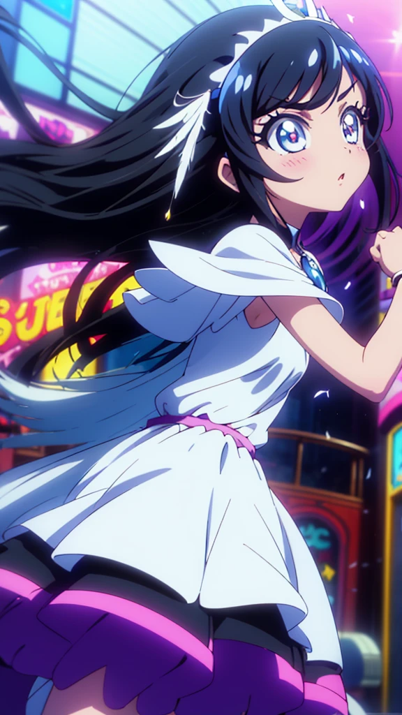 best quality, extremely detailed, anime style adult 1girl, long hair down to the waist, straight hair, ((dark black hair with bluish)),crown braid,beautiful detailed eyes, pinched eyes, dark blue eyes, huge breasts,curvy,(((white main black cyberpunk and magical dress))),longskirt,((feather accessory)),magical girl,light smile,((amusement park)),animation cap,animated gif,in precure style