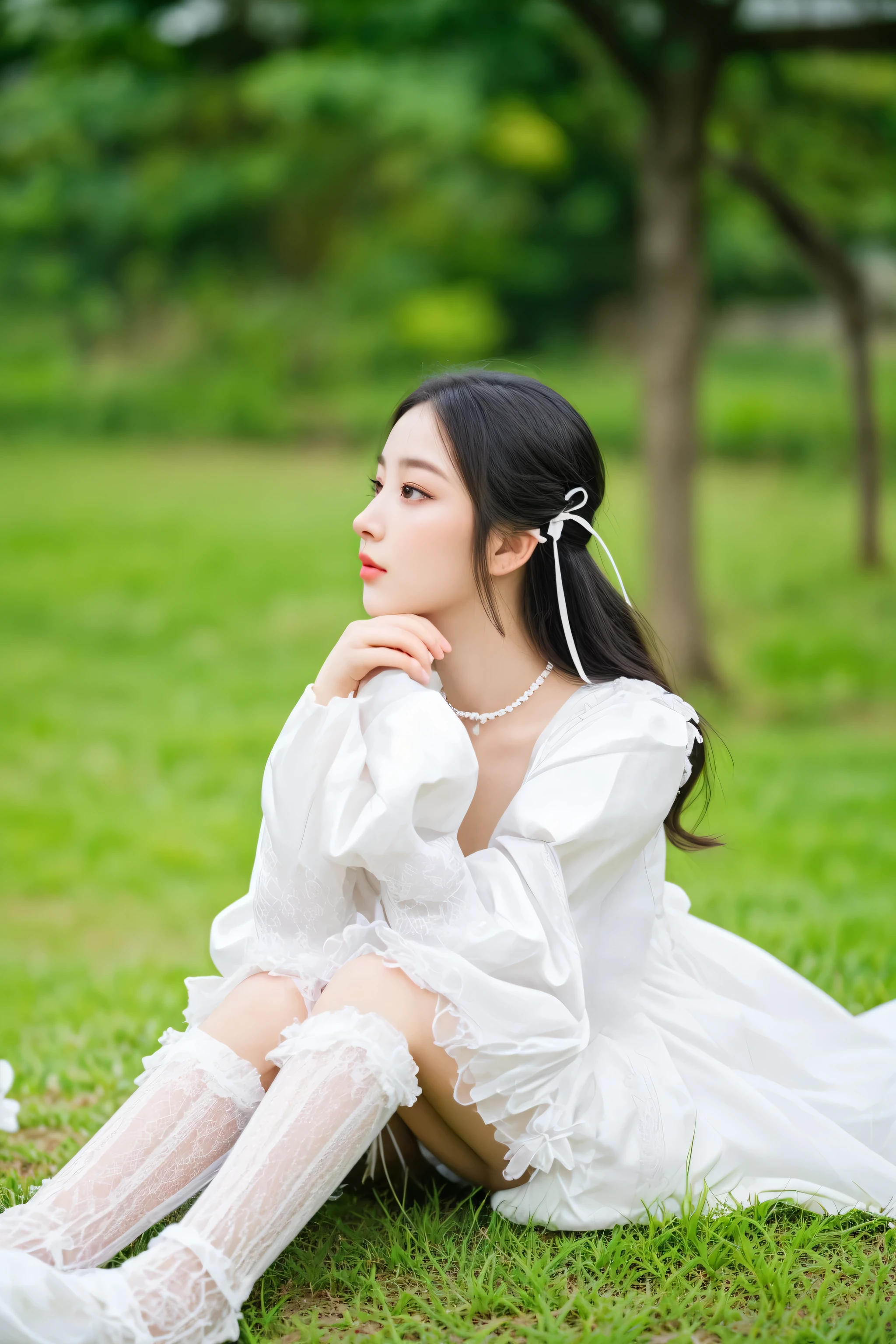 there is a woman sitting on the grass with a white dress, a beautiful woman in white, a cute young woman, white hanfu, wearing a cute white dress, a cute and beautiful young woman, a beautiful young woman, cute elegant pose, a young asian woman, asian girl with long hair, beautiful young korean woman, wearing white dress, cute young woman