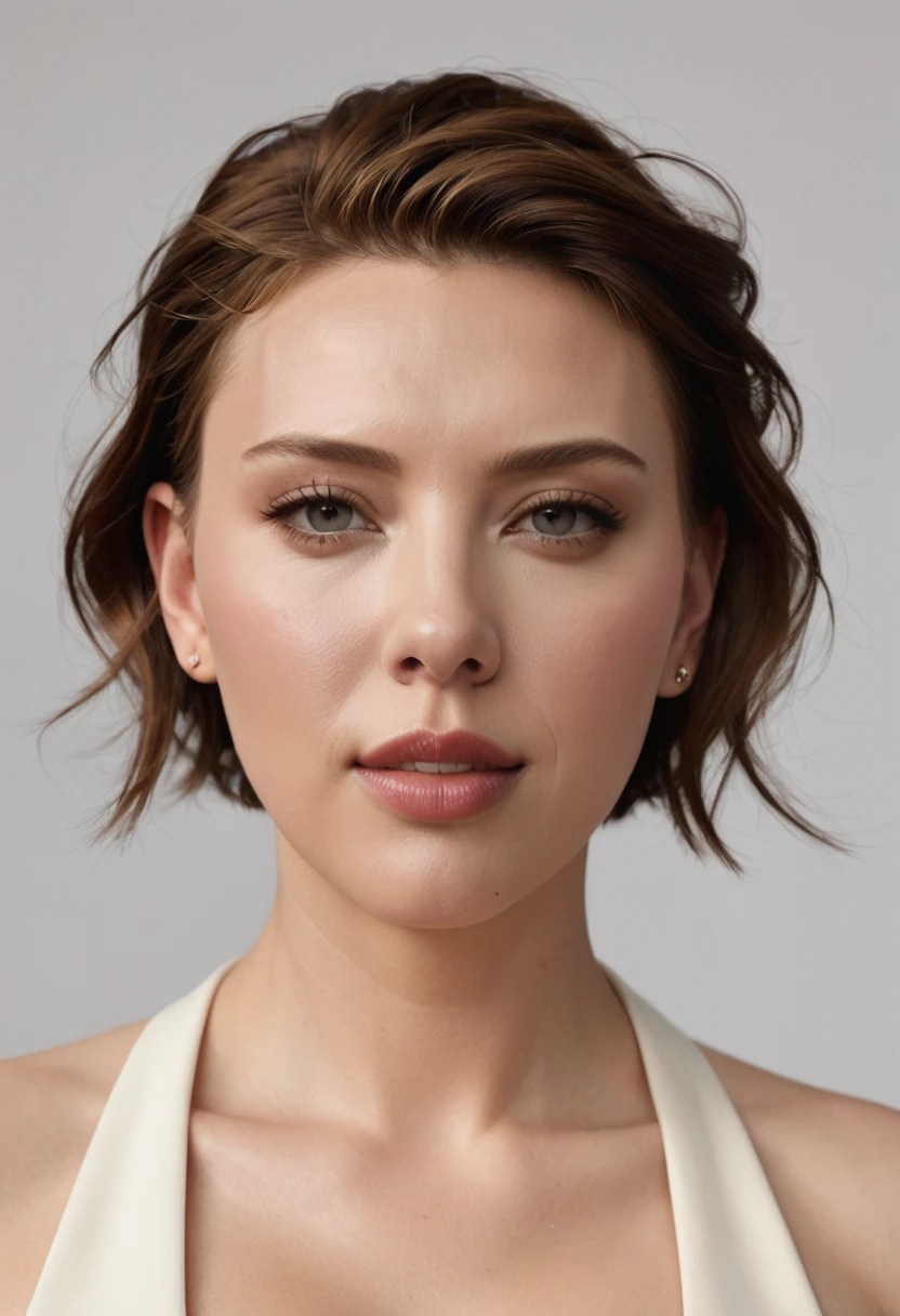 Scarlett Johansson, perfect face, no deformation, highly realistic location, symmetrical look, no skin bruising, short, and shaved hair on the left and right sides, homogeneous skin color, no clothes 