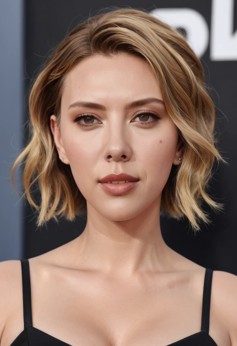 Scarlett Johansson, perfect face, no deformation, highly realistic location, symmetrical look, no skin bruising, short, and shaved hair on the left and right sides, homogeneous skin color, no clothes