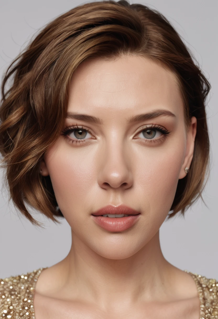 Scarlett Johansson, perfect face, no deformation, highly realistic location, symmetrical look, no skin bruising, short, and shaved hair on the left and right sides, homogeneous skin color, no clothes