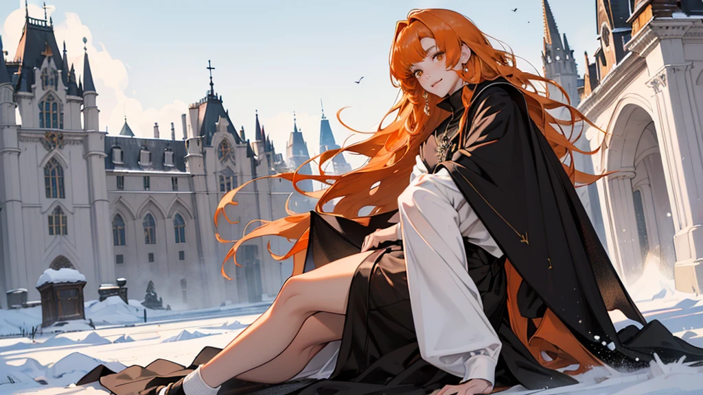(girl), masterpiece, ultra detailed, 8K Portrait, Raw photo, woman's portrait photography, full body, Highly detailed face, mischievous childish smile, blush, ((Fantasy)), ((young)), 17 years old, 160cm, (((student))), ((tanned skin)), (((dark orange colored long straight hair))), (((blunt bangs))), hair ornament, (((black silk long cloak))) Fluttering in the wind, (high school dark white uniform:1.5), Plaid short skirt, Midday sun, Hyper realistic, Slender body, by the snowy castle, Ambient lighting, Shadow details, Camera focus on face, strong breeze, Light fog, from side,