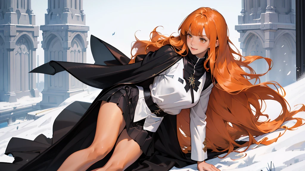 (girl), masterpiece, ultra detailed, 8K Portrait, Raw photo, woman's portrait photography, full body, Highly detailed face, mischievous childish smile, blush, ((Fantasy)), ((young)), 17 years old, 160cm, (((student))), ((tanned skin)), (((dark orange colored long straight hair))), (((blunt bangs))), hair ornament, (((black silk long cloak))) Fluttering in the wind, (high school dark white uniform:1.5), Plaid short skirt, Midday sun, Hyper realistic, Slender body, by the snowy castle, Ambient lighting, Shadow details, Camera focus on face, strong breeze, Light fog, from side,