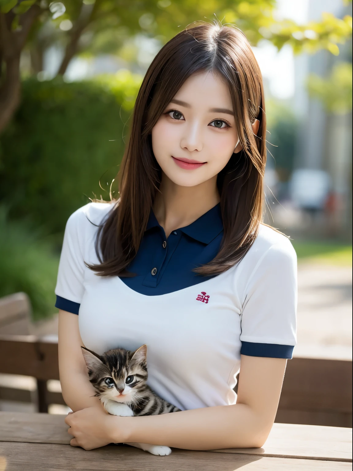 On the table, Highest quality, realism, Fine details, High resolution, 8k wallpaper, Perfect dynamic composition, Beautiful and delicate eyes, Medium Straight Hair, Casual and sexy pose,Random Situation、Holding a kitten、Wearing a polo shirt、(Beautiful breasts overflowing 1.3)、Bright smile、Bokeh、nature、Age 25、(Droopy Eyes 1.3)、Adult Beauty、Japanese