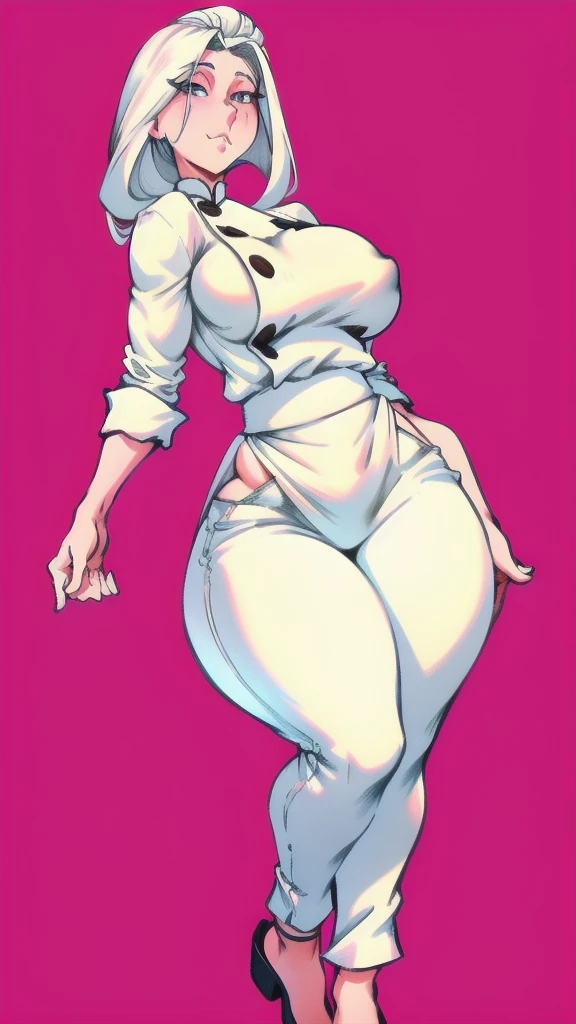 Full body image of Colette Tatou from Ratatouille, full body in image, wearing her original chef uniform (white double-breasted chef jacket, white pants, and white apron), long hair tied back, female body, curvy body, dynamic pose, detailed pose, simple background, expressive face, focus on face, line art, sketch