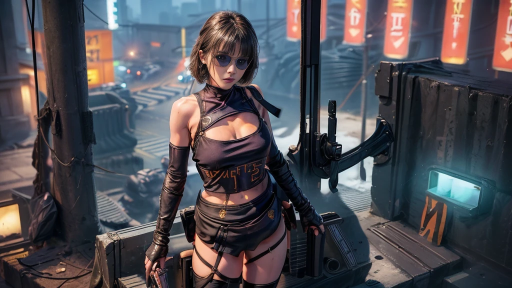 8K, Realistic Skin Texture, Realistic Photo, (((((1 slim western women, solo))))), large-breast:1.4 cleavage:1.3, AD2050 at night, wearing tube top, miniskirt, (((black sunglasses, automatic rifle, sneakers, cold, standing and shooting pose))), (((((((half-body (((thigh level))) medium:1.3 shot))))))), innovative composition, revenge, aerial view of military base, blade runner worldview, large neon sign.