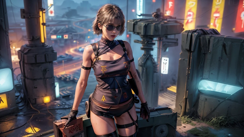 8K, Realistic Skin Texture, Realistic Photo, (((((1 slim western women, solo))))), large-breast:1.4 cleavage:1.3, AD2050 at night, wearing tube top, miniskirt, (((black sunglasses, automatic rifle, sneakers, cold, standing and shooting pose))), (((((((half-body (((thigh level))) medium:1.3 shot))))))), innovative composition, revenge, aerial view of military base, blade runner worldview, large neon sign.