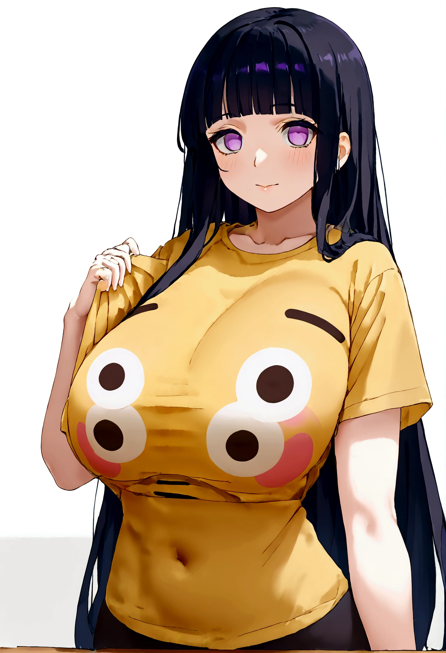 score_9, score_8_up, score_7_up, score_6_up, score_5_up, score_4_up, BREAK, flushed_emoji_shirt, 1girl, multiple views, thighs, t-shirt, ((large breasts)), simple background, grin, ((oversized breasts)), (hinata, hyuuga hinata, purple eyes, blunt bangs, black hair, white eyes, no pupils)