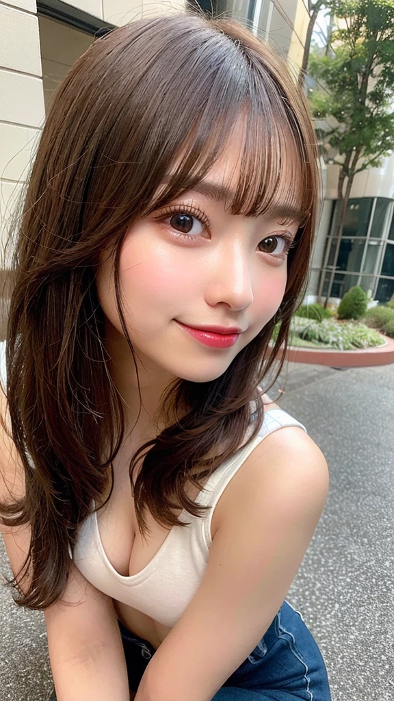 highest quality, shape, Very detailed, finely, High resolution, 8k wallpaper, Perfect dynamic shape, Beautiful and detailed, Summer clothes,Medium Hair,Natural color lip,smile,20-year-old girl、long hair、Midnight、Beautiful and elaborate face、Perfect and beautiful face、Slim face and figure,spread your arms wide,Big eyes,Take a photo with your face raised from below your knees、Small face、Beautifully detailed face、Perfect and beautiful double eyelids、Big cleavage、Long, Slender legs、One Woman、gravure、Skinny jeans、Watching the audience、run