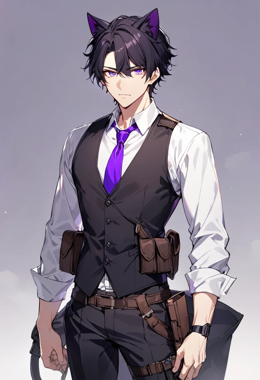 1man, short black hair, black cat ears, bright purple eyes, wearing a black vest, wearing a white undershirt, wearing a purple tie, wearing black pants, wearing a brown shoulder holster