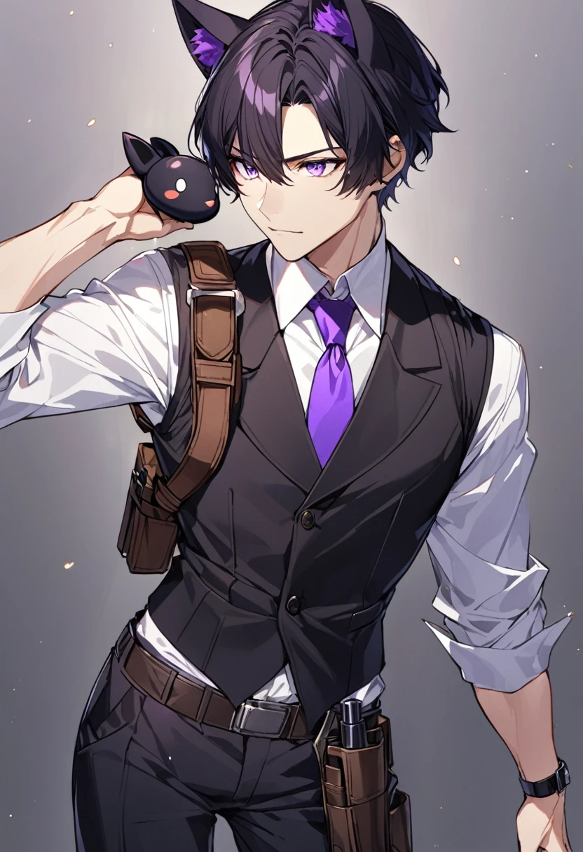 1man, short black hair, black cat ears, bright purple eyes, wearing a black vest, wearing a white undershirt, wearing a purple tie, wearing black pants, wearing a brown shoulder holster