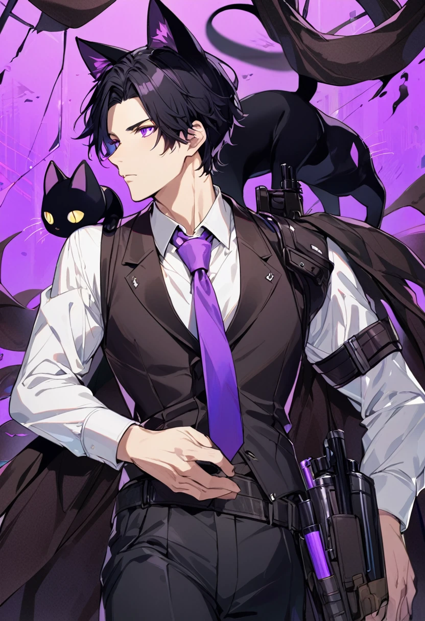 1man, short black hair, black cat ears, bright purple eyes, wearing a black vest, wearing a white undershirt, wearing a purple tie, wearing black pants, wearing a brown shoulder holster