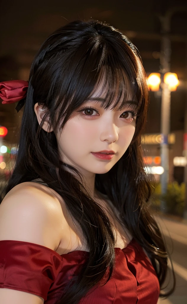 1girl, Tokyo street,night, cityscape,city lights, upper body,close-up, 8k, RAW photo, best quality, masterpiece,realistic, photo-realistic,headgear of red rose, parted bangs, long hair,