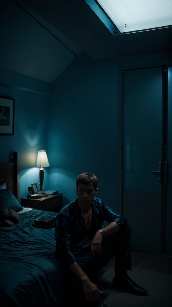 Micheal looking so sad in his room, micheal's son sitting beside him, 8k realistic imagery, blue scenery like a movie scene, old american setting, inspired by blade runner movie scene, blue tone,