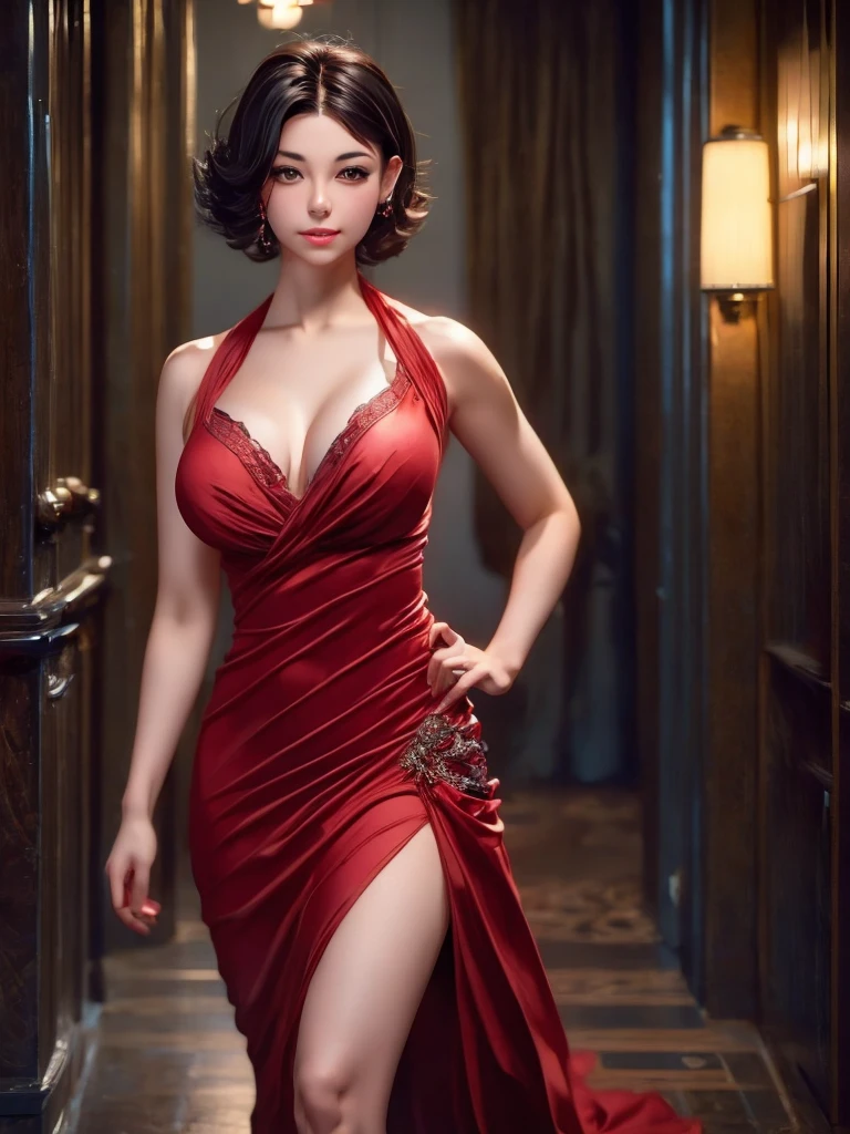 1girl, cowboy shot of beautiful ada, looking at viewer, red dress, black hair, blush, short hair, athletic night, volumetric lighting, best quality, masterpiece, intricate details, tonemapping, sharp focus, hyper detailed, trending on Artstation, ada, realistic 