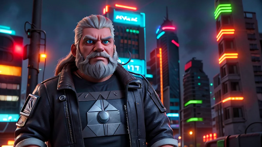 Front View, Centered,Ultra-realistic RAW portrait of a 50-year-old man with a large beard and rock metal style hair, reimagined in a cyberpunk setting. He is wearing futuristic attire of a post-apocalyptic cyberpunk warrior. The scene takes place in a city with neon-lit skyscrapers in the background under a cloudy, rainy sky. The man has visible cybernetic enhancements on his body. The lighting should feature vibrant neon colors and dramatic contrasts to highlight the intricate details of your costume, the texture of your beard, and the futuristic environment. Photographed with a professional DSLR camera to capture fine details and depth.