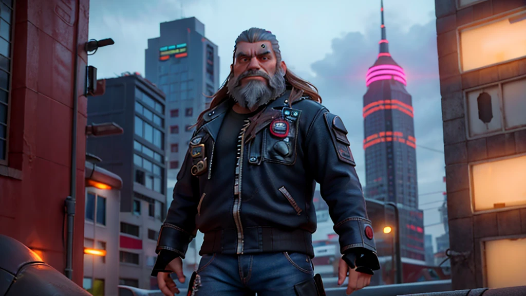 Front View, Centered,Ultra-realistic RAW portrait of a 50-year-old man with a large beard and rock metal style hair, reimagined in a cyberpunk setting. He is wearing futuristic attire of a post-apocalyptic cyberpunk warrior. The scene takes place in a city with neon-lit skyscrapers in the background under a cloudy, rainy sky. The man has visible cybernetic enhancements on his body. The lighting should feature vibrant neon colors and dramatic contrasts to highlight the intricate details of your costume, the texture of your beard, and the futuristic environment. Photographed with a professional DSLR camera to capture fine details and depth.