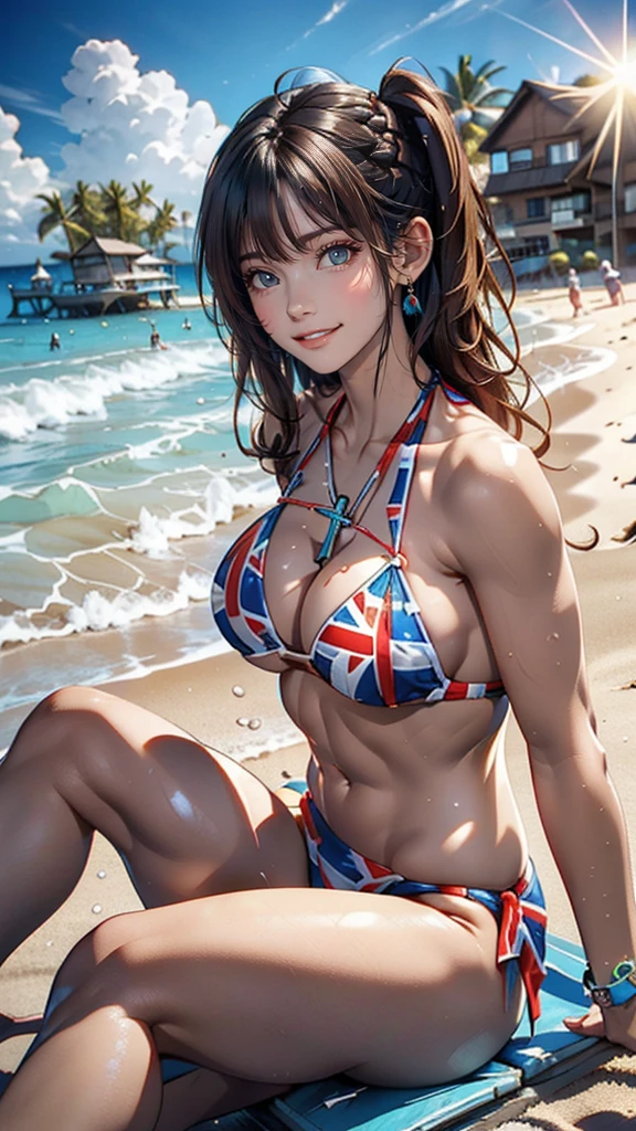 Cross Halter Bikini((cross halter bikini))、The bikini has a Union Jack pattern.、Side Up((hair one side up))、Resort cottage background、The sun shines brightly、smile、Sit on the beach、waves crashing