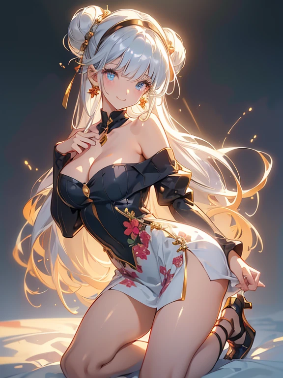 (((Masterpiece))),(((Super Detail))),(((in 8K))),(((best composition))),(((Rim lighting,Fireglow effect,deep shadow))),solo),Beautiful fingers,Detailed finger features,(Detailed hair features:1.7),(Dynamic and sexy bending pose:1.3),detailed facial features,detailed clothes features, (perky chest:1.1), (pointed chest:1.3), delicate beautiful face, Bright blue eyes, cute eyes, sparkling eyes, Big eyes, beautiful detailed eyes,double bun with glittering hair ornament:0.6,(super detailed glossy skin:1.3),slender body,goddess smile,((with sparkling eyes and a contagious smile)),beautiful posture,silver bronde hair, blue eyes, dress, bare shoulders,collarbone, sidelocks, hairband, earrings with jewelry, off shoulder sweater dress, arms behind back:0.4, air plant, long hair with long locks, gold hairband, off-shoulder dress, sweater dress, off-shoulder sweater, red sweater, big side hair, very long side hair,(super delicate floral pattern:1.2),seductive cleavage:1.3,beautiful glossy legs,shiny red high heels,lifting dishes with cup of a coffee,french restaurant,hustle and bustle,rising steam,(((depth of fields)))