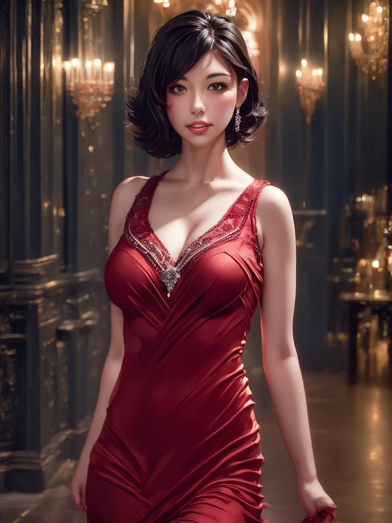 1girl, cowboy shot of beautiful ada, looking at viewer, red dress, black hair, blush, short hair, athletic night, volumetric lighting, best quality, masterpiece, intricate details, tonemapping, sharp focus, hyper detailed, trending on Artstation, ada, realistic