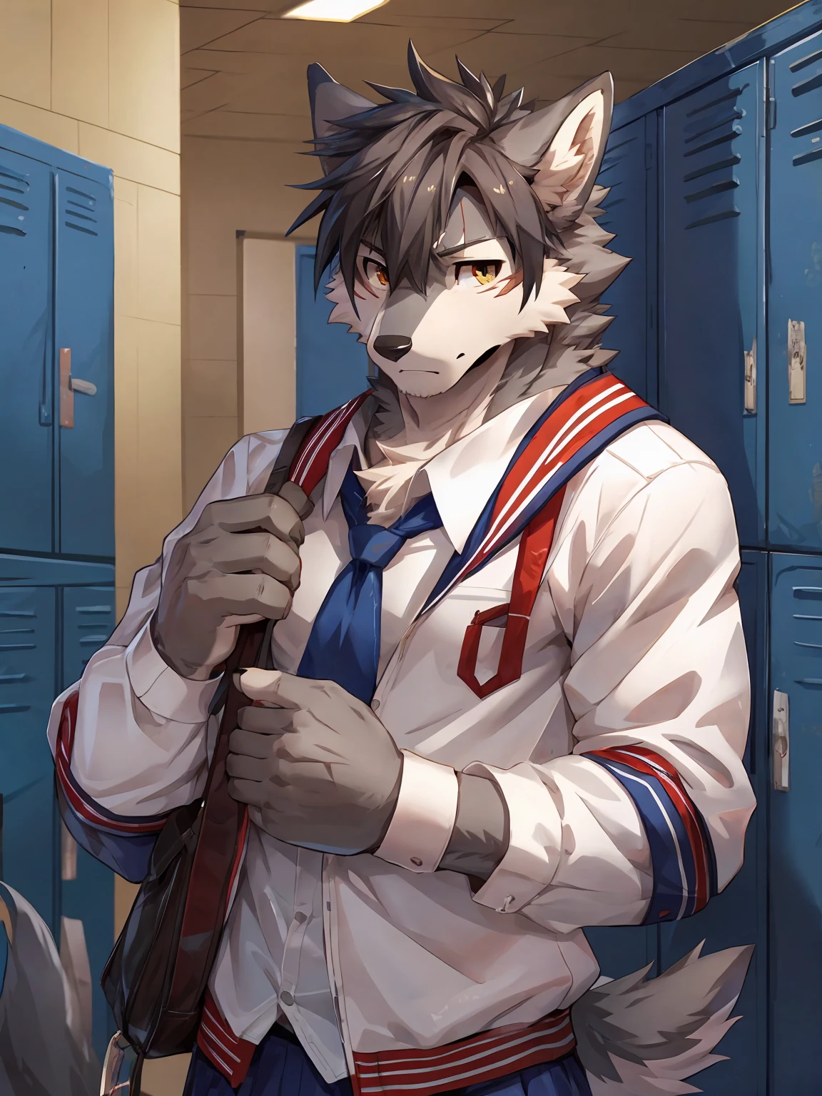 embedding:Gray wolf,Golden Eyes,Single Person,a scar on the face.Gray fur,High school students,Japanese school uniform,Scratch head,Standing by the school locker,Nervous,With his school uniform jacket in his hand,Male.Handsome,Smart,Best quality hands, best quality eye,detailed fur,Delicate eyes.Extreme picture quality,by sollyz,by zixiong,by null_ghost