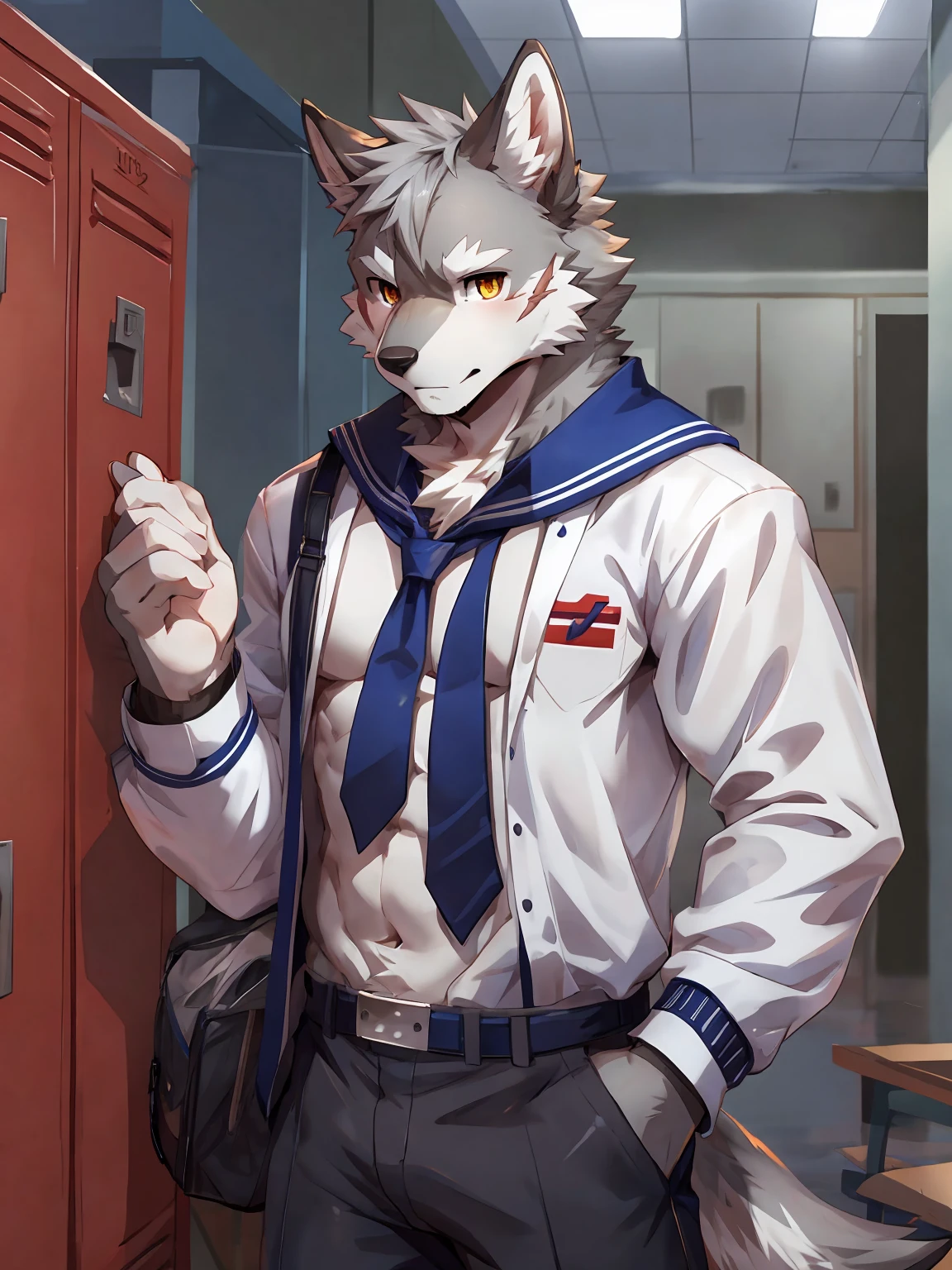embedding:Gray wolf,Golden Eyes,Single Person,a scar on the face.Gray fur,High school students,Japanese school uniform,Scratch head,Standing by the school locker,Nervous,With his school uniform jacket in his hand,Male.Handsome,Smart,Best quality hands, best quality eye,detailed fur,Delicate eyes.Extreme picture quality,by sollyz,by zixiong,by null_ghost